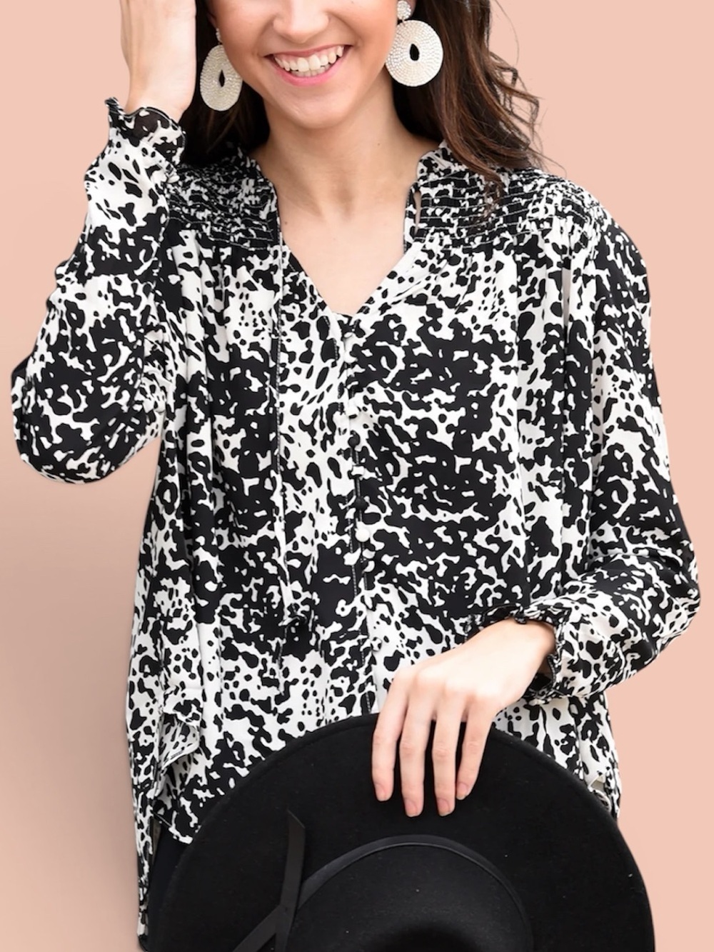 NEW Buddy Love Ruffle Smocked Button Down Everly Blouse in Domino Women’s M